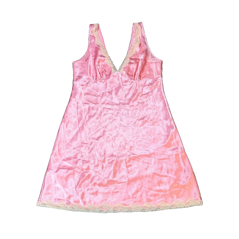 Victoria's Secret Pink Satin‎ Lace Trim Chemise Nightgown Sleep Dress Women's L